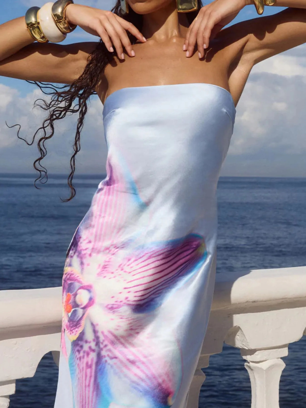 Printed strapless tube maxi dress close up