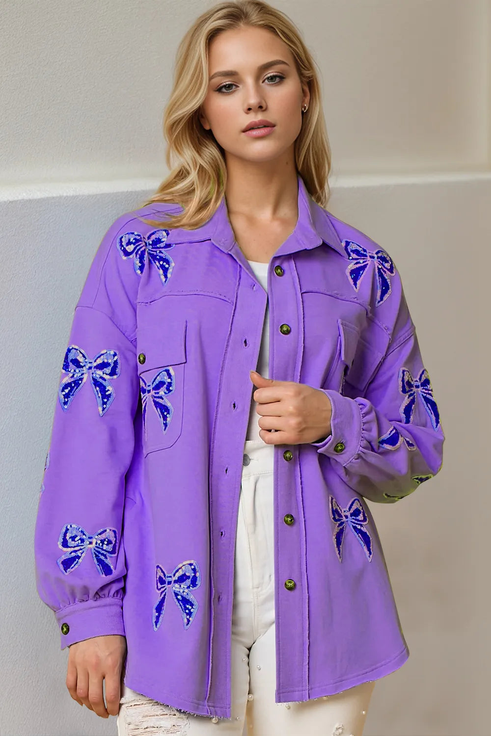 Side view of sparkling sequin shacket