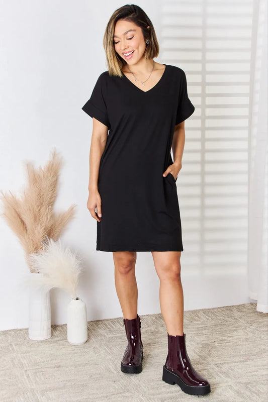 Rolled Sleeve V-Neck Dress – Stretchy Everyday Comfort - Fashorio