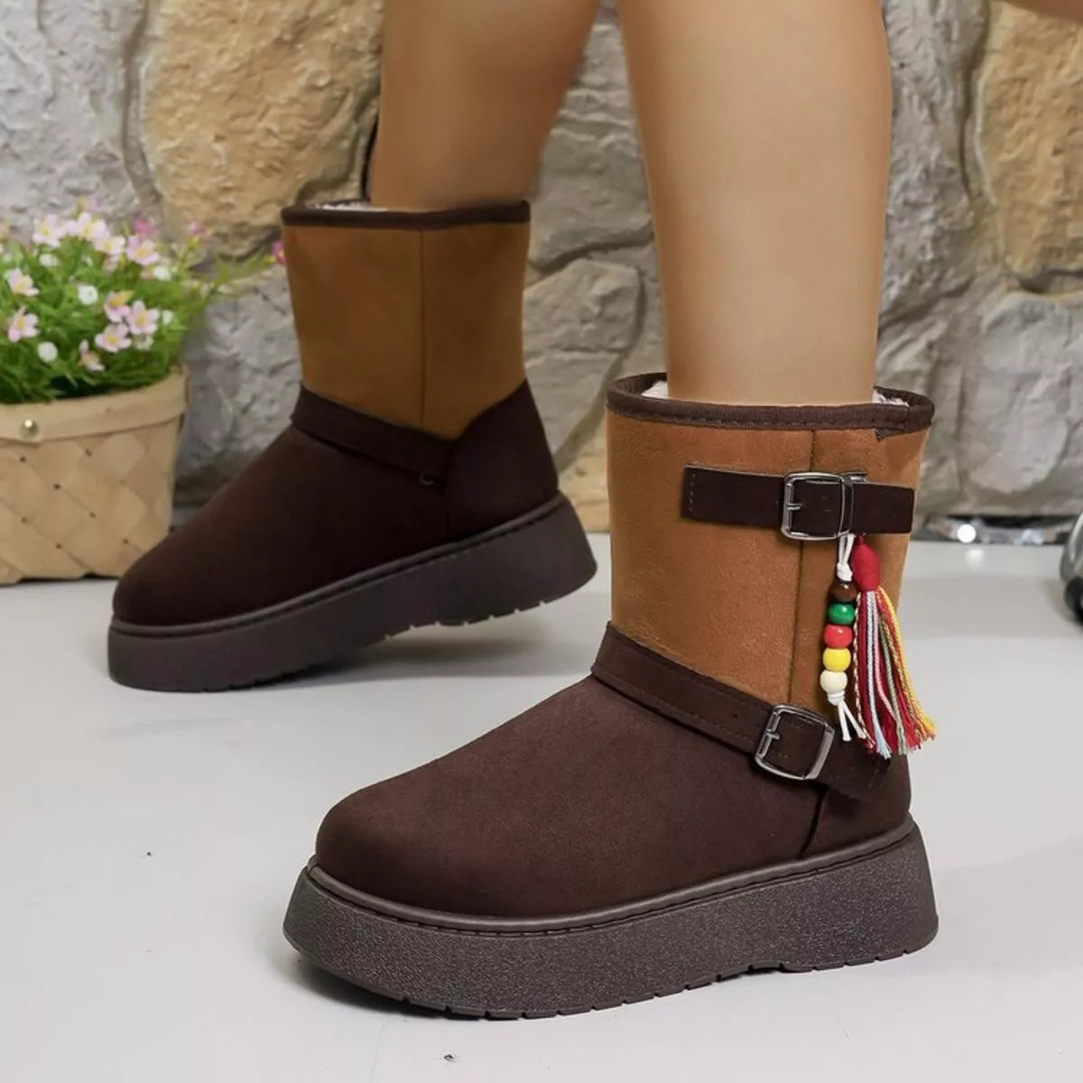 Bohemian Style Ankle Boots with Tassel Decor heel and sole detail
