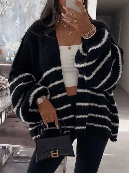 Striped Open Front Dropped Shoulder Cardigan - Fashorio