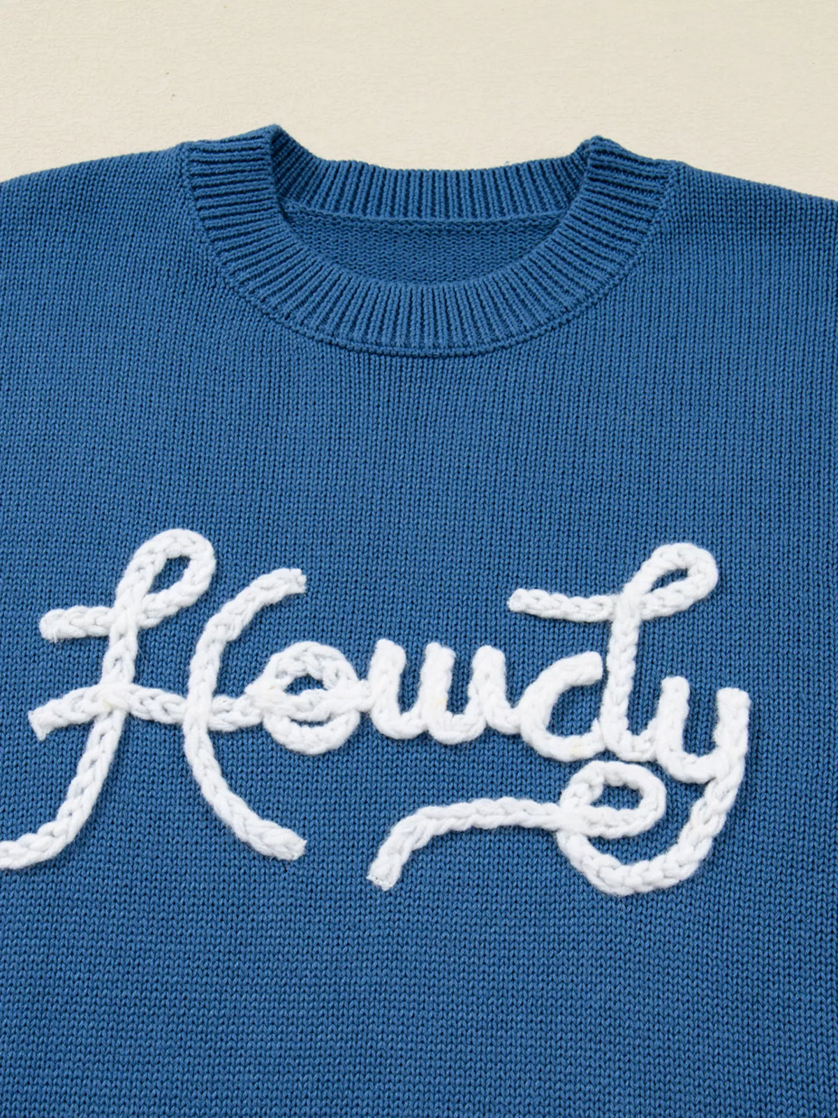 Howdy embroidered round neck sweater, neckline close up