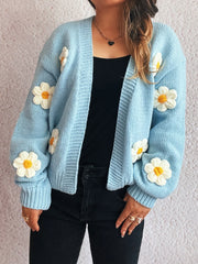 Flower Open Front Long Sleeve Cardigan Blue One Size - Fashorio