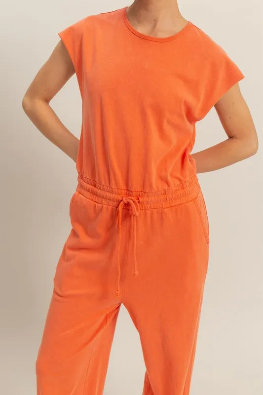 Back Keyhole Round Neck Cap Sleeve Drawstring Jumpsuit styled look