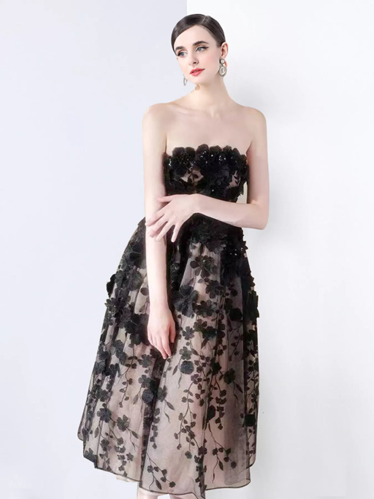 Strapless floral applique dress front view