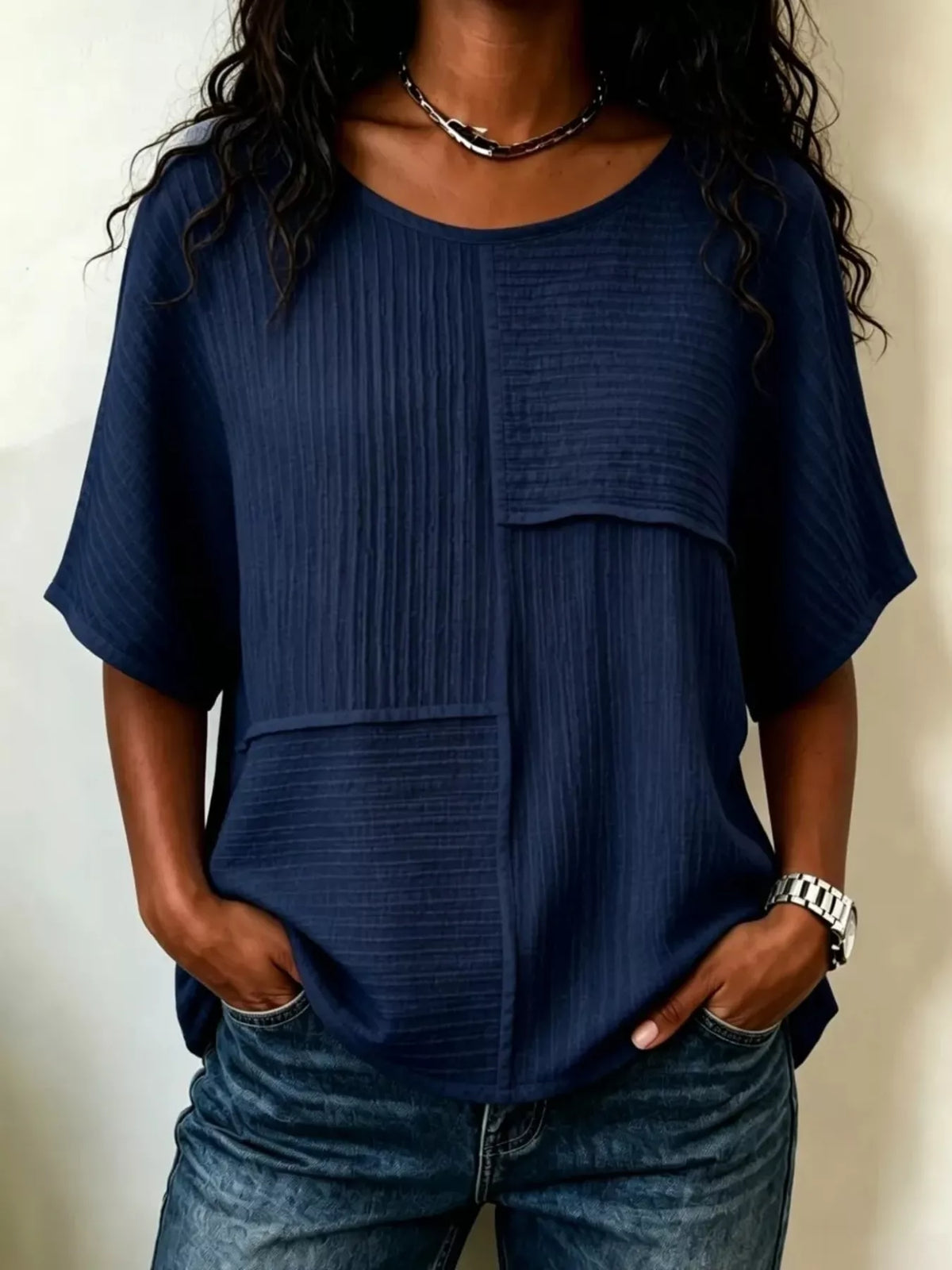 Textured Round Neck Half Sleeve Blouse, view 17