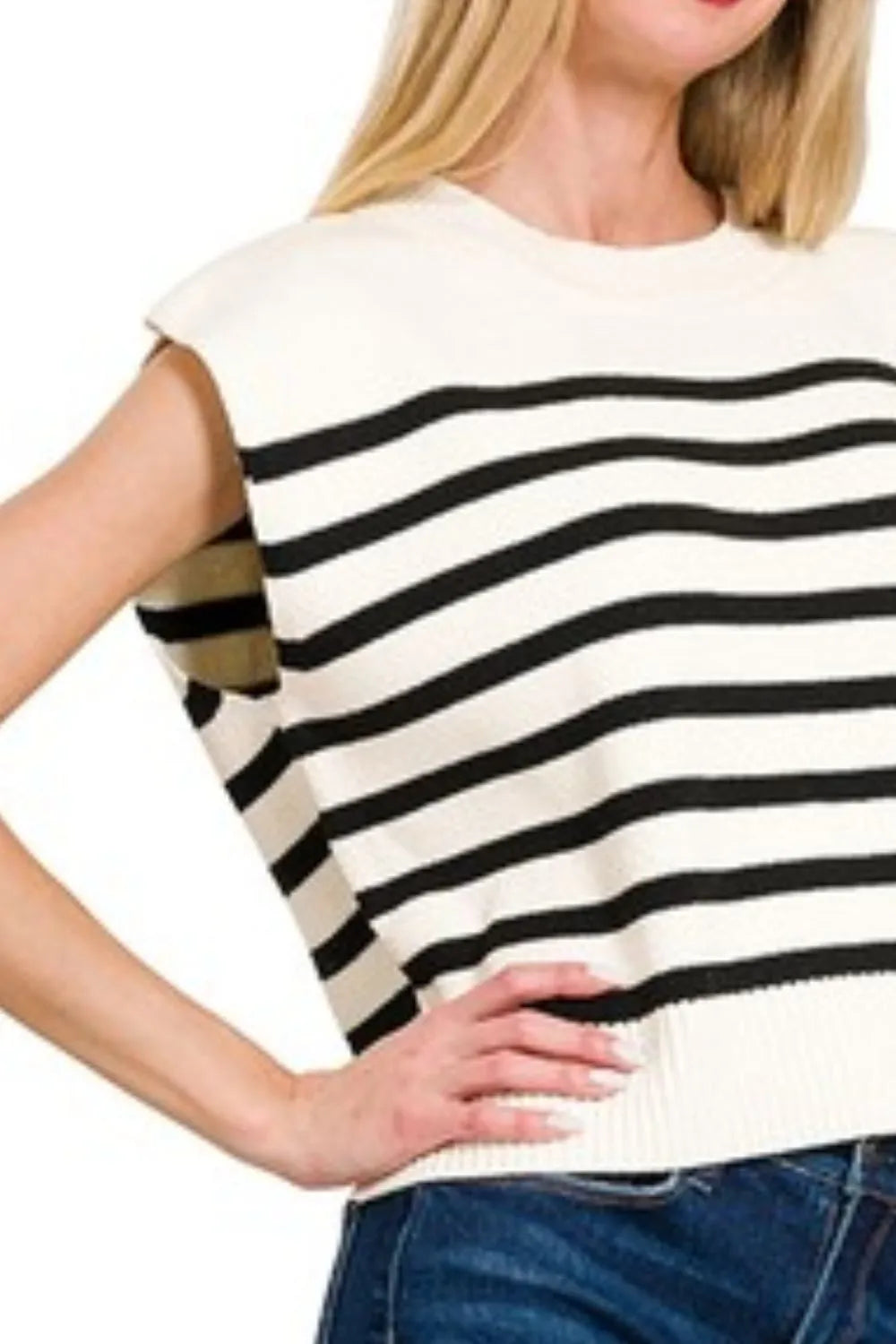 Oversized Striped Crew Neck Sweater Vest in Black side view