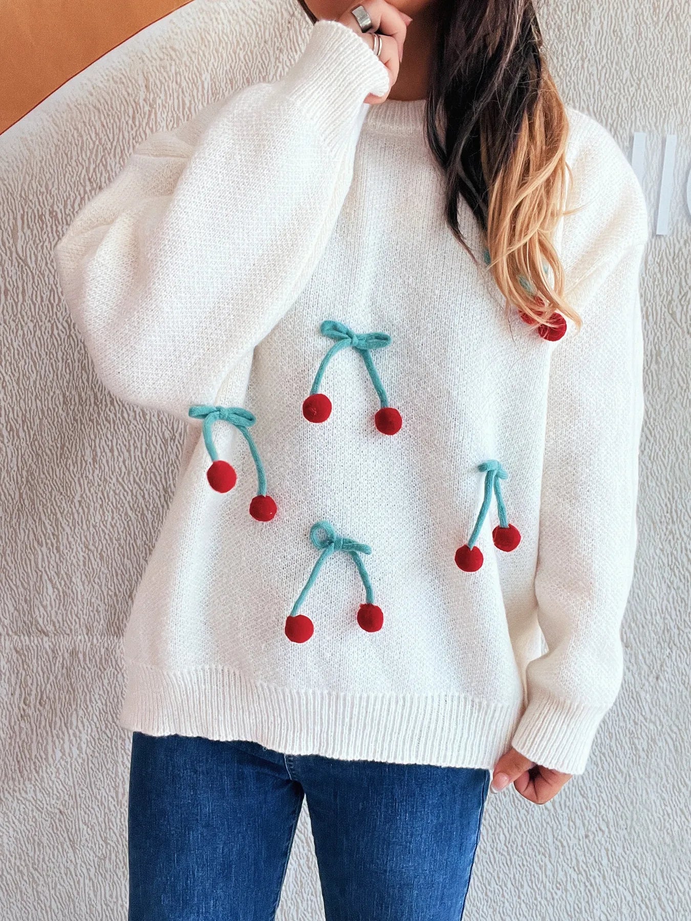 Cherry Round Neck Long Sleeve Sweater - Fashorio