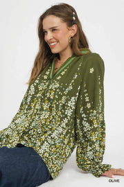 Umgee Floral Vine Print Blouse with Balloon Sleeves Olive - Fashorio