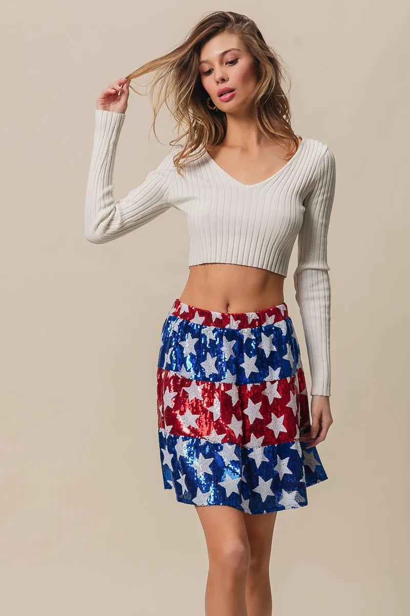 BiBi American Flag Theme Star Sequin Tiered Skirt - Fashorio