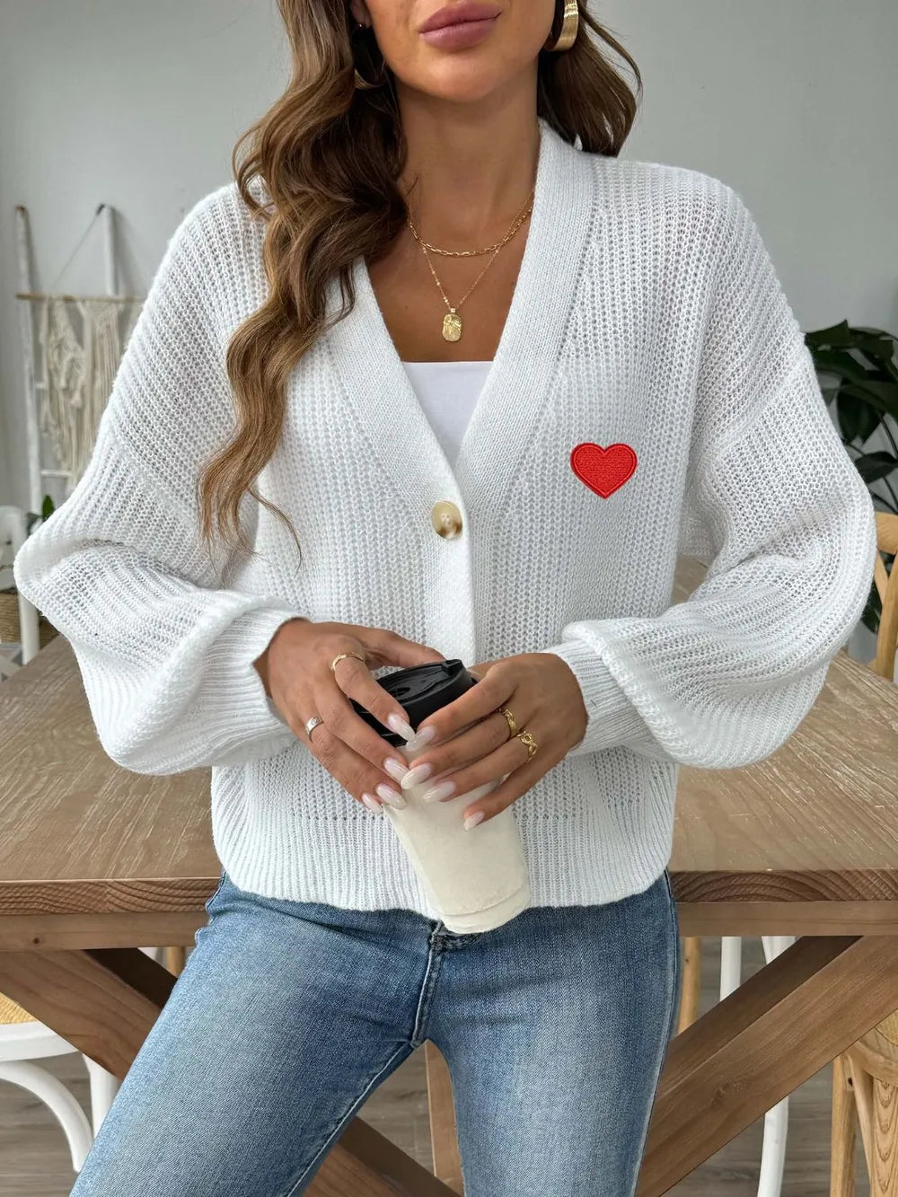 Heart Button Down V-Neck Long Sleeve Cardigan - Fashorio