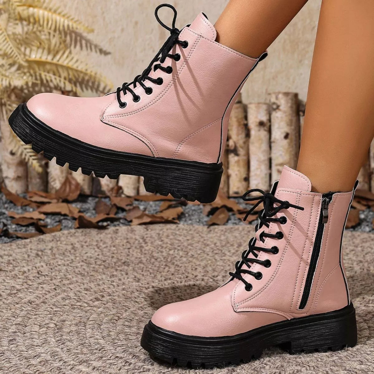 Khaki round toe block heels boots side profile view