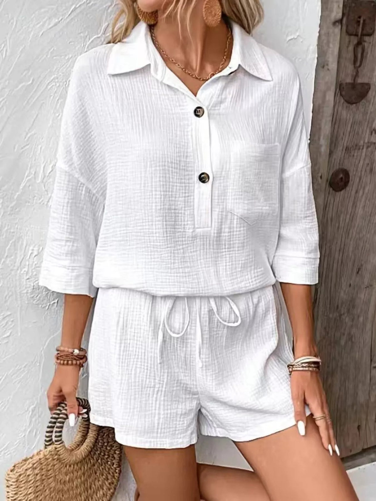 Button detail top and matching shorts two piece set