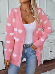 Heart V-Neck Button Up Long Sleeve Cardigan Blush Pink - Fashorio