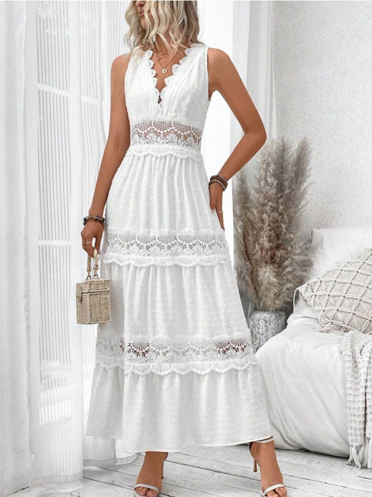 white swiss dot lace sleeveless tied maxi dress side view