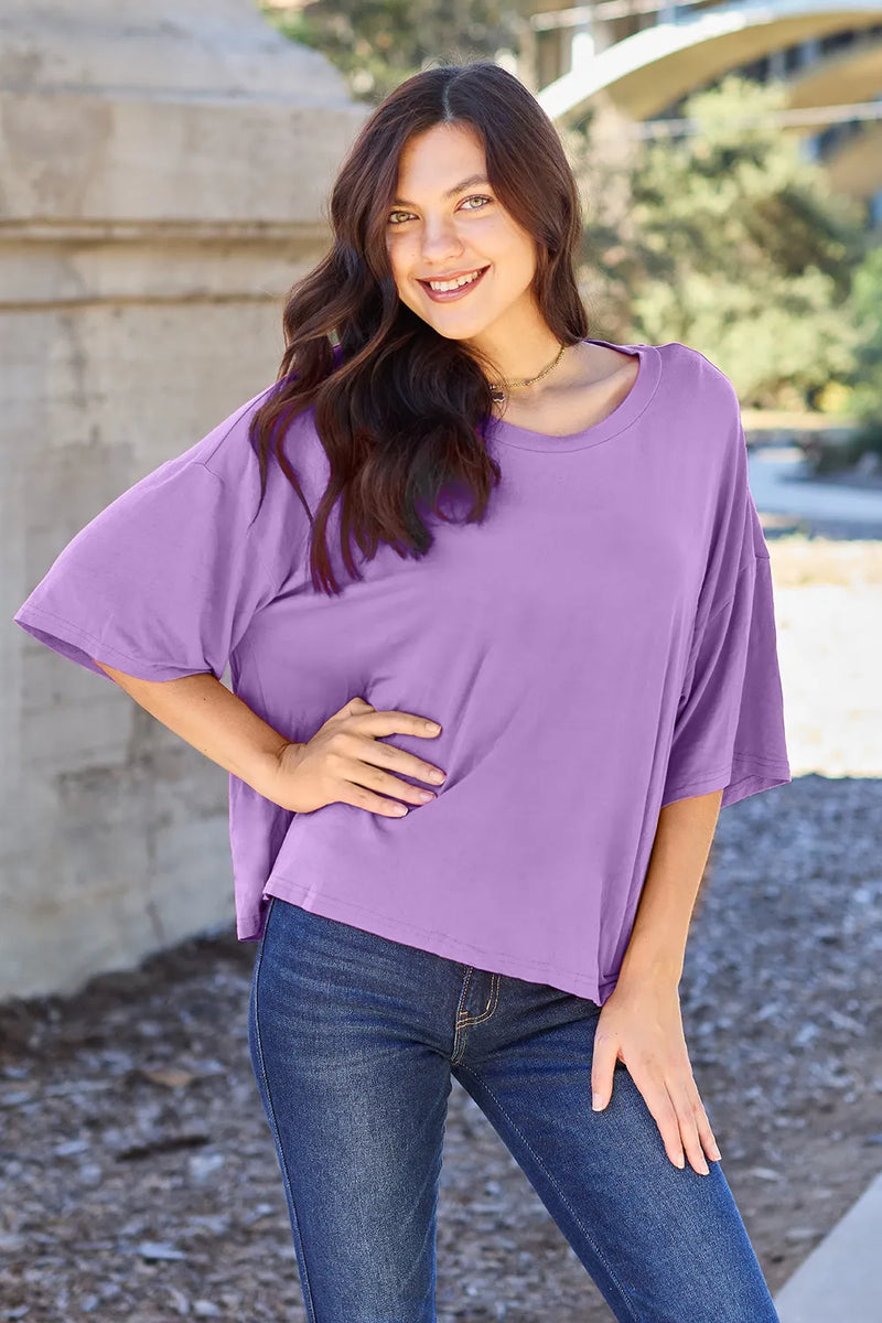 Front view of the bamboo round neck drop shoulder tee