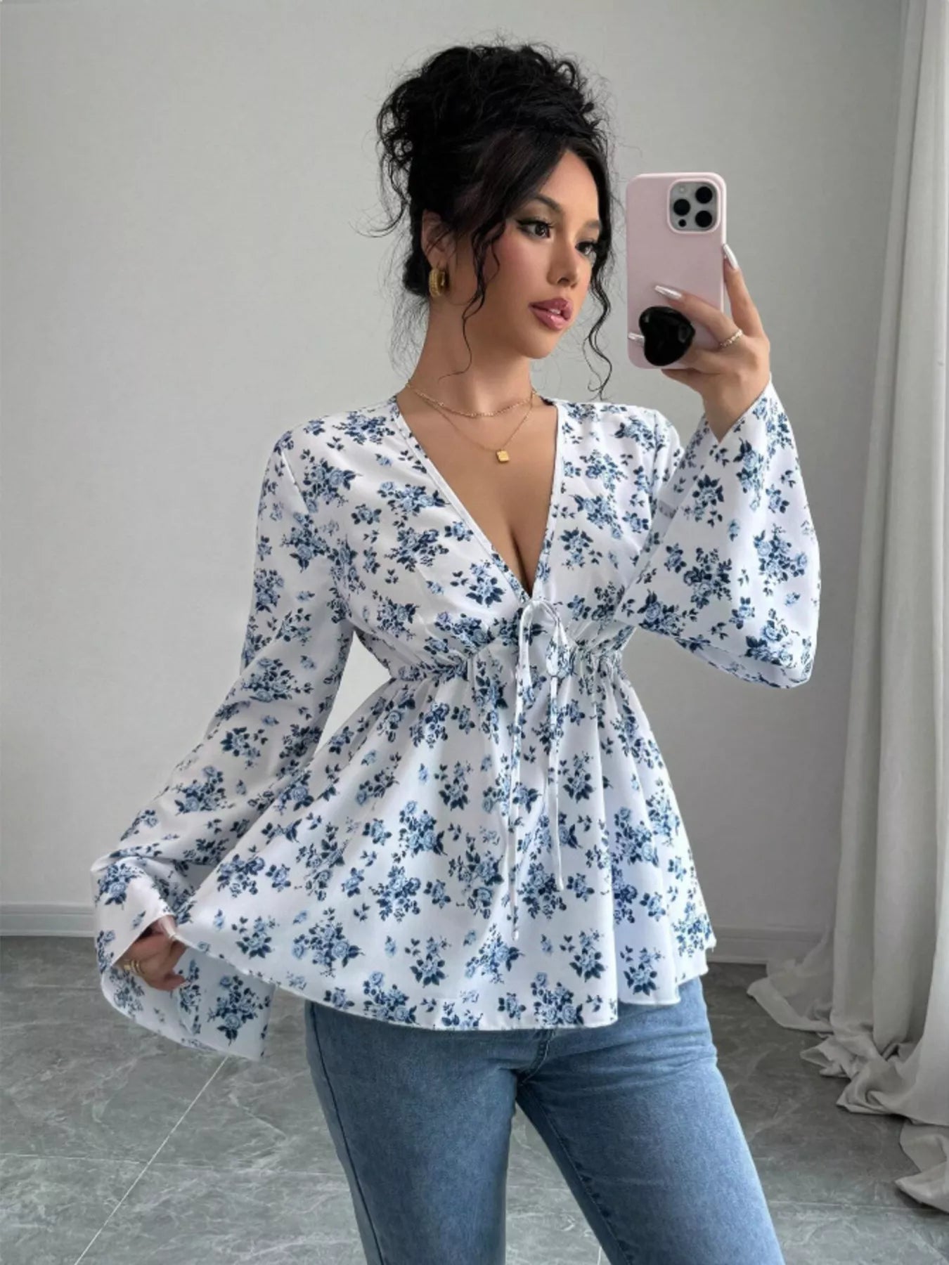 Floral Print V-Neck Long Sleeve Blouse - Fashorio