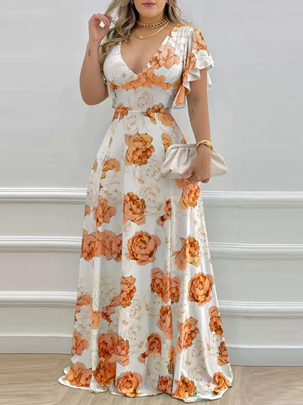Floral V neck ruffle sleeve maxi dress hem detail