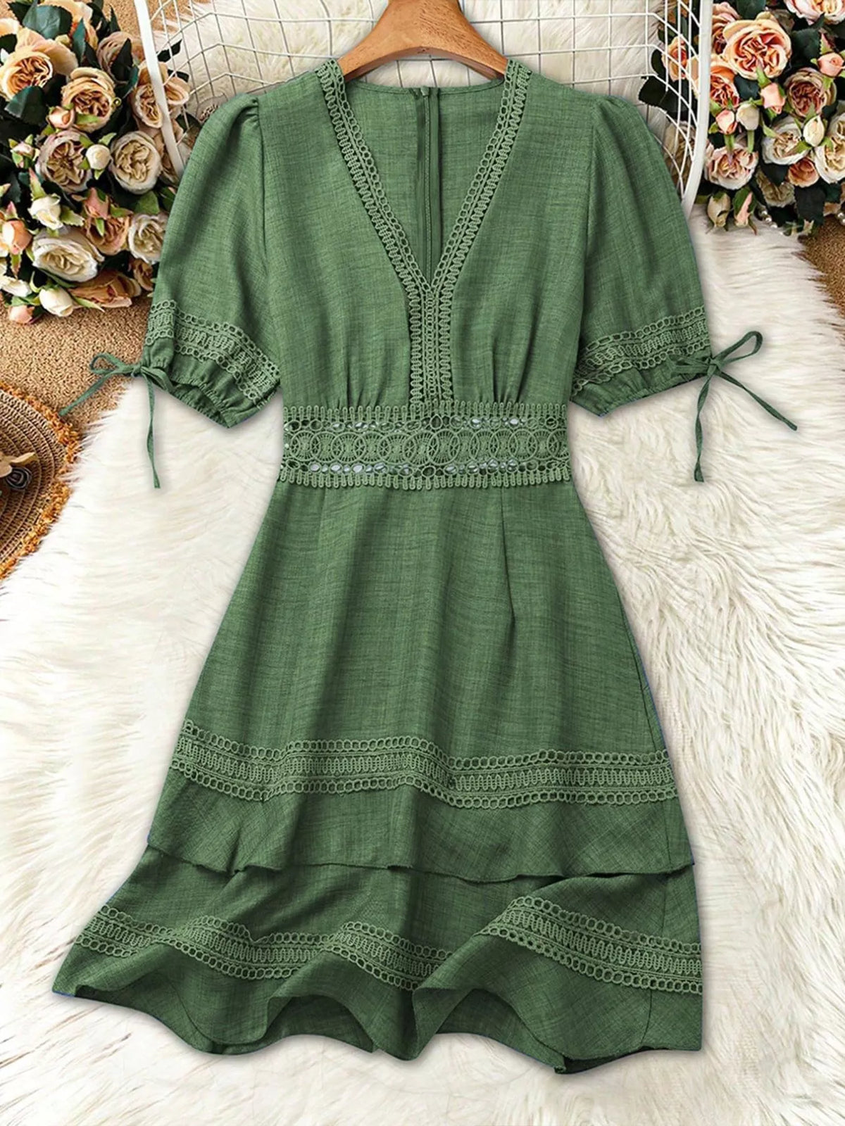 V neckline and lace detail close up