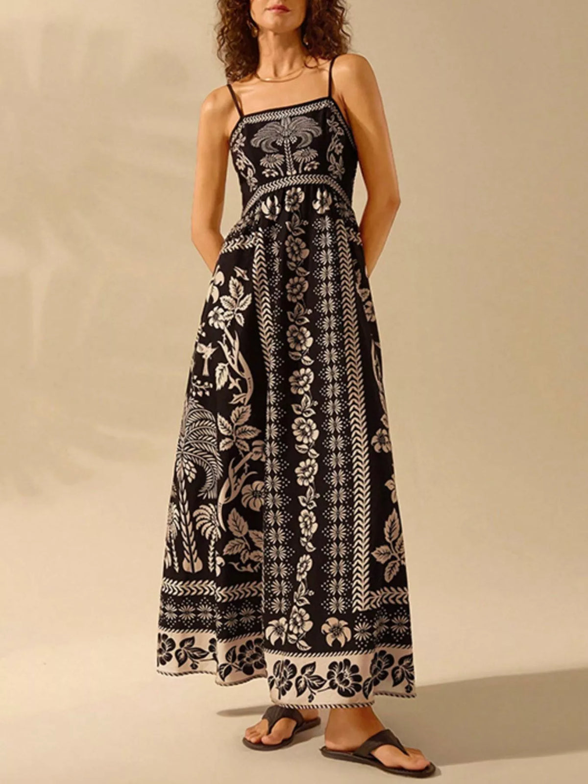 Floral maxi dress side view showing the long skirt