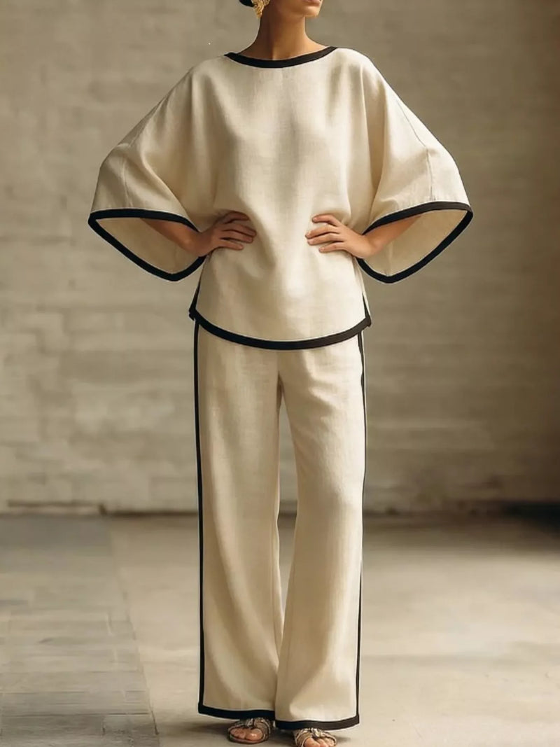 Contrast trim top and wide leg pants matching set