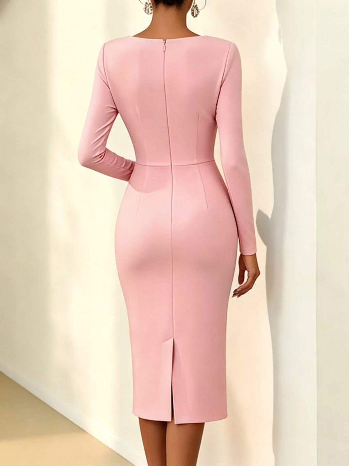 Rose embellished asymmetrical neck midi dress back view