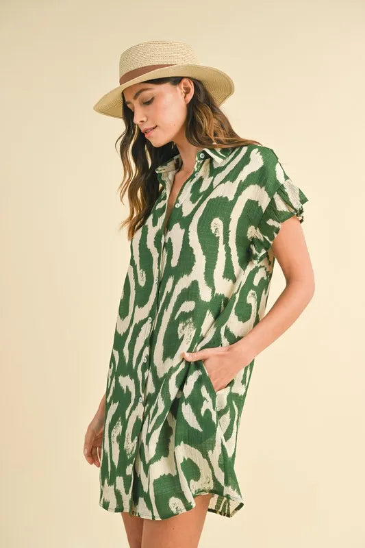 Abstract Printed Frill Sleeve Shirt Mini Dress back view