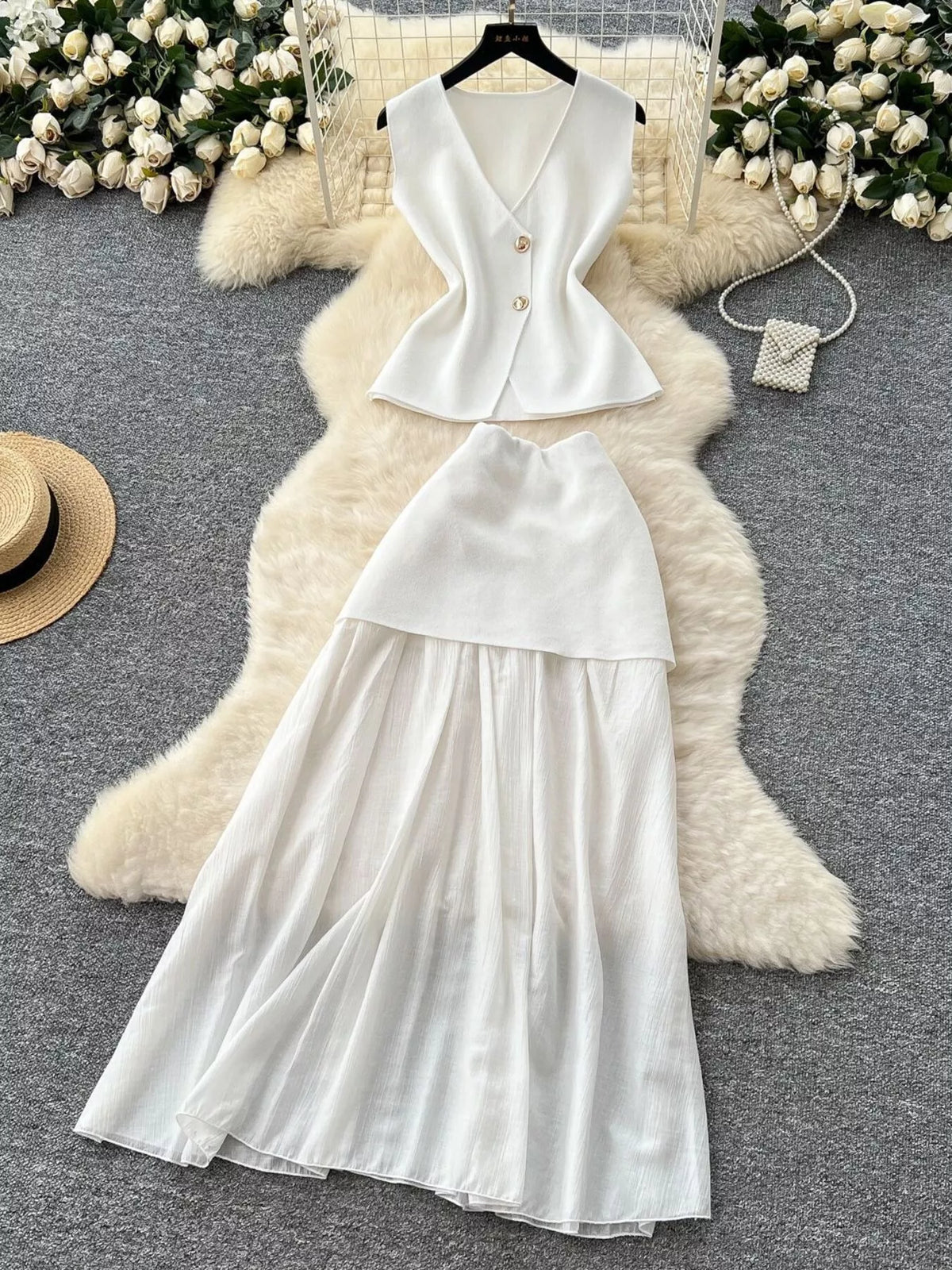 Button up sleeveless top and skirt set front view