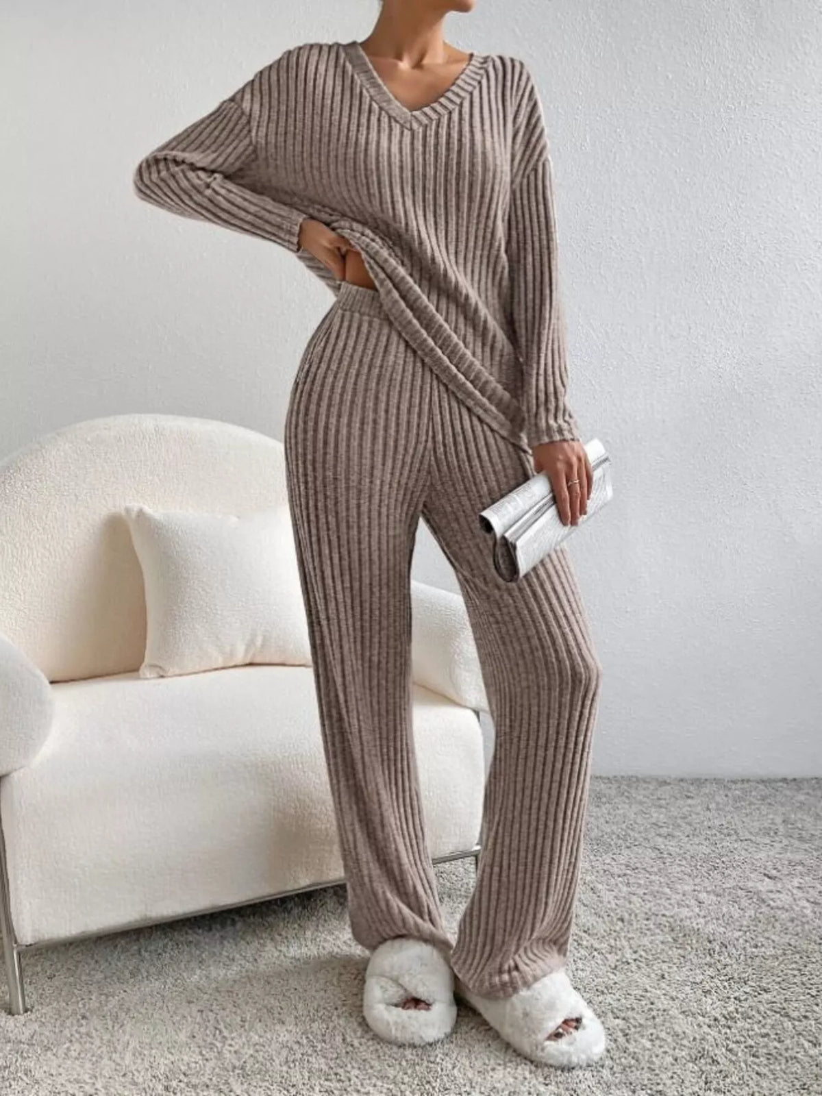 Ribbed Knit V Neck Top and Pants Set, view 12