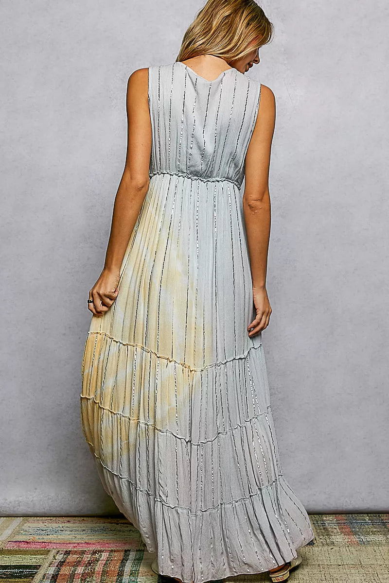 Light grey sleeveless bohemian maxi dress flowing skirt