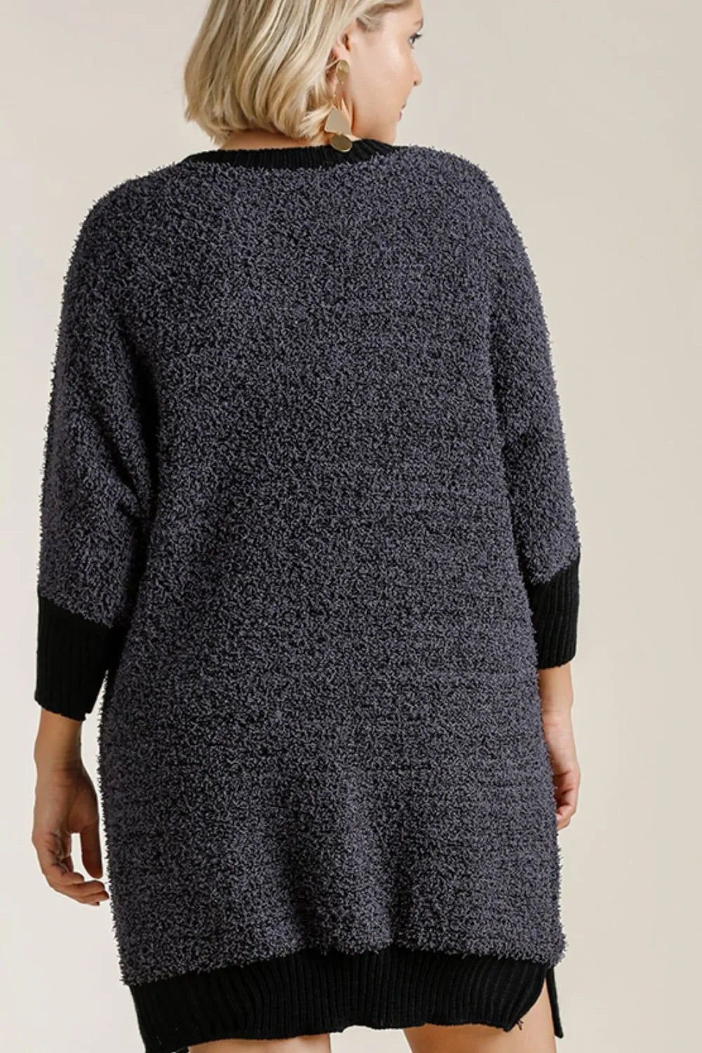 Ribbed Round Neck 3/4 Sleeve Sweater Dress with Pockets Plus Size on model