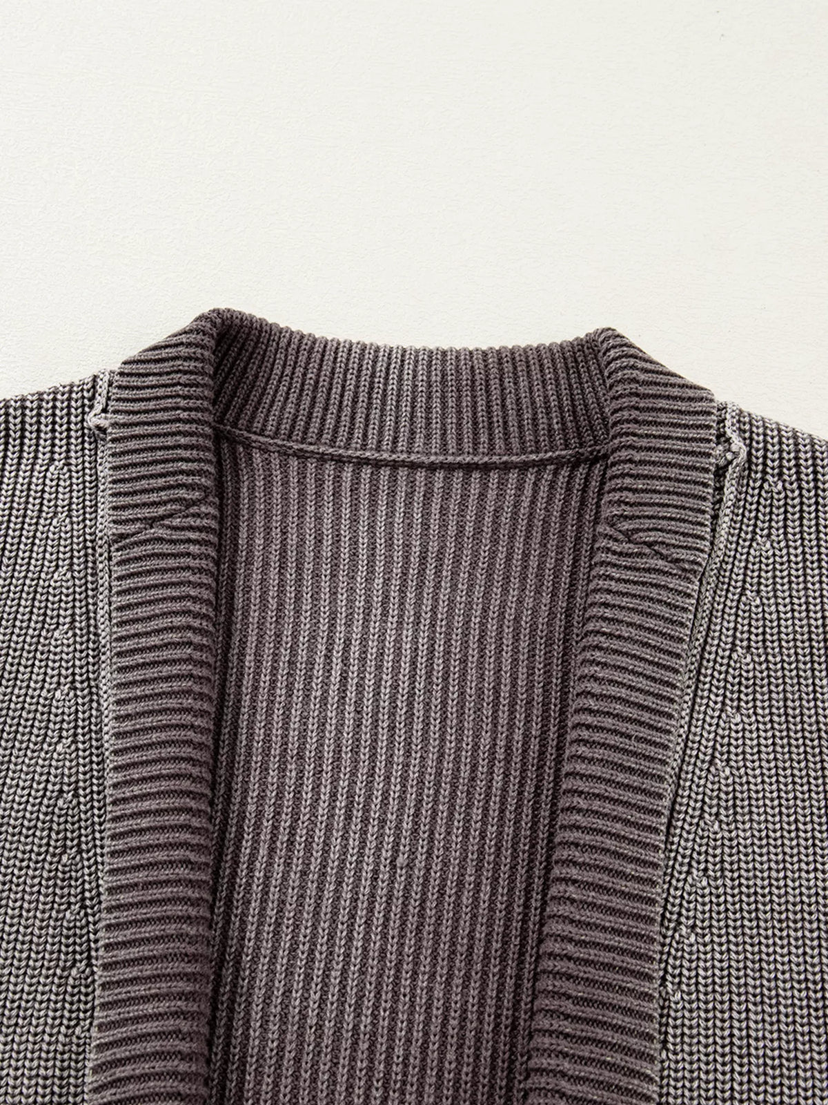 Mineral wash patchwork open cardigan in dark gray front view