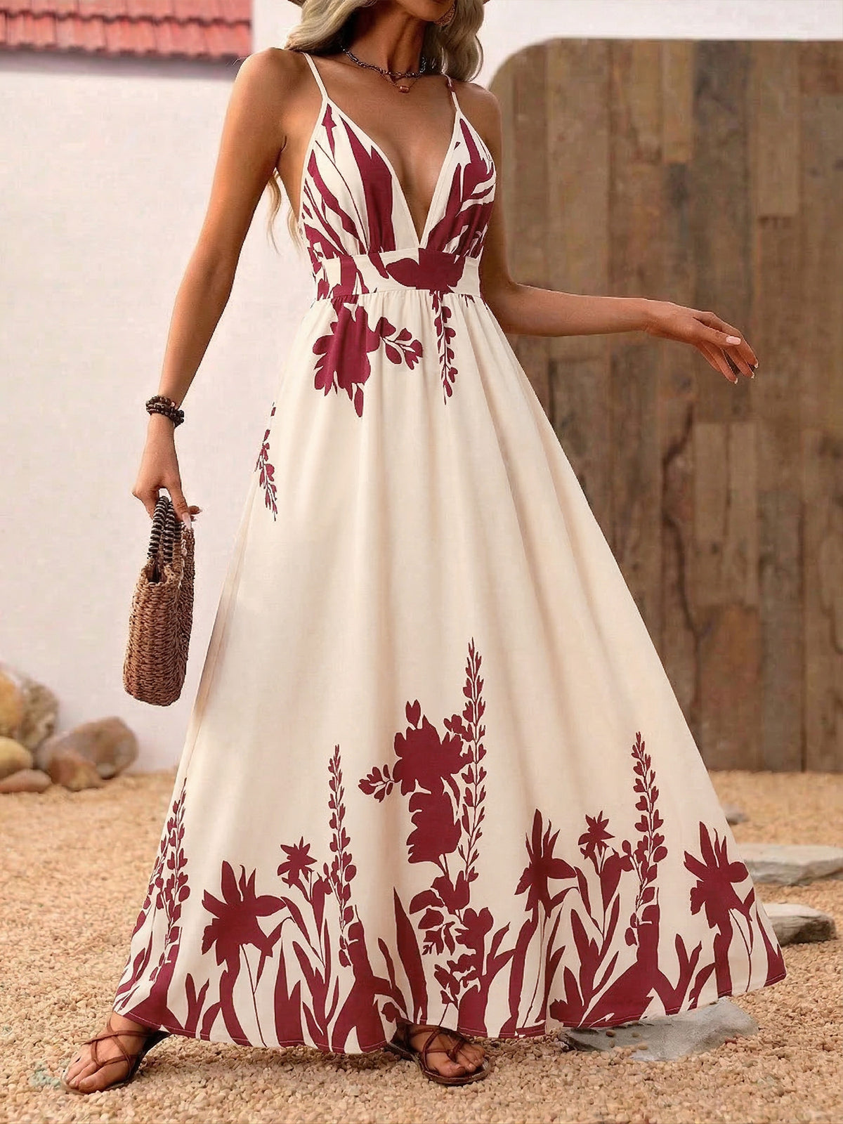 red deep v neck spaghetti strap maxi dress side view