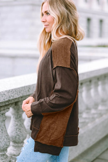 Ribbed Exposed Seam Dropped Shoulder Blouse - Fashorio