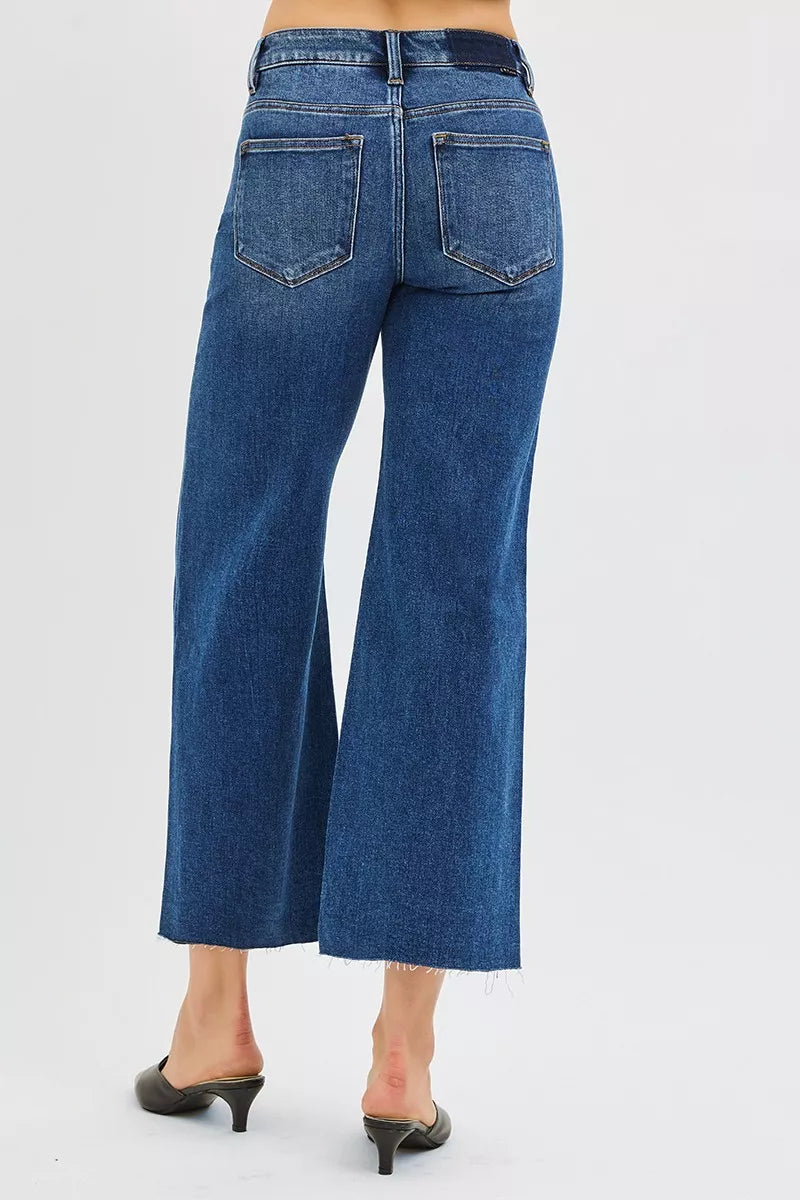 RISEN dark blue denim cropped wide leg jeans fabric detail
