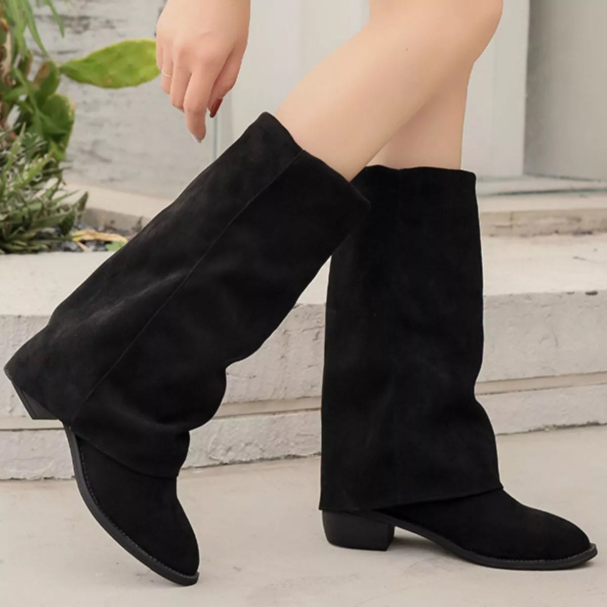 Point toe suede block heel boots back heel view