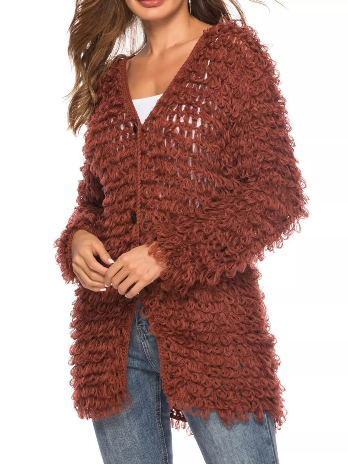 Textured knit cardigan fabric detail