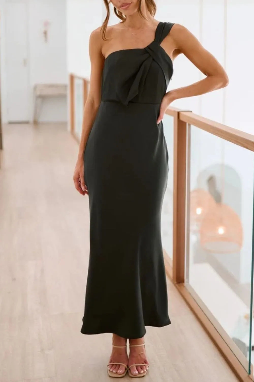 Black single shoulder maxi dress fabric detail