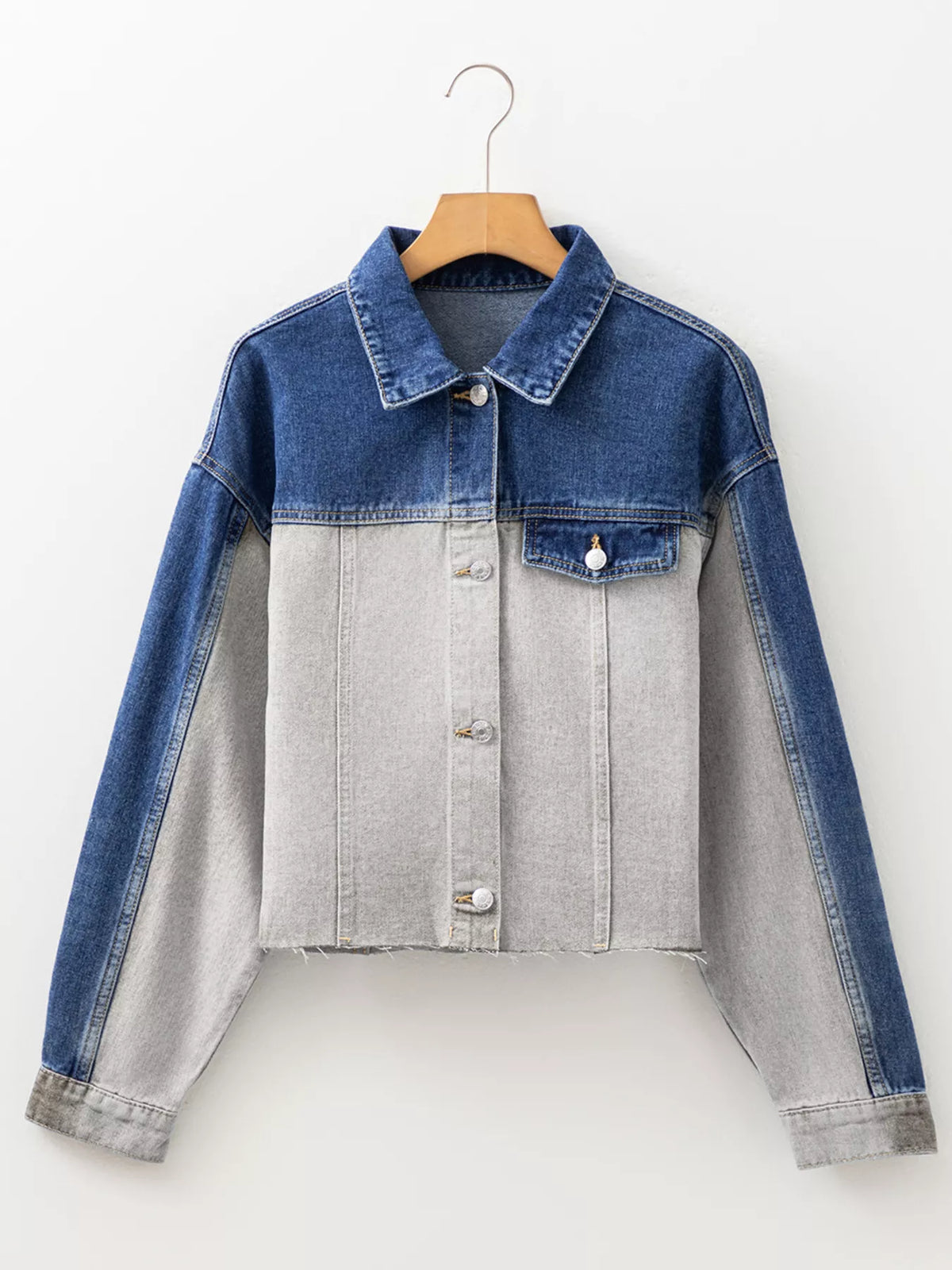 Color Block Patchwork Denim Jacket in Light Gray close up