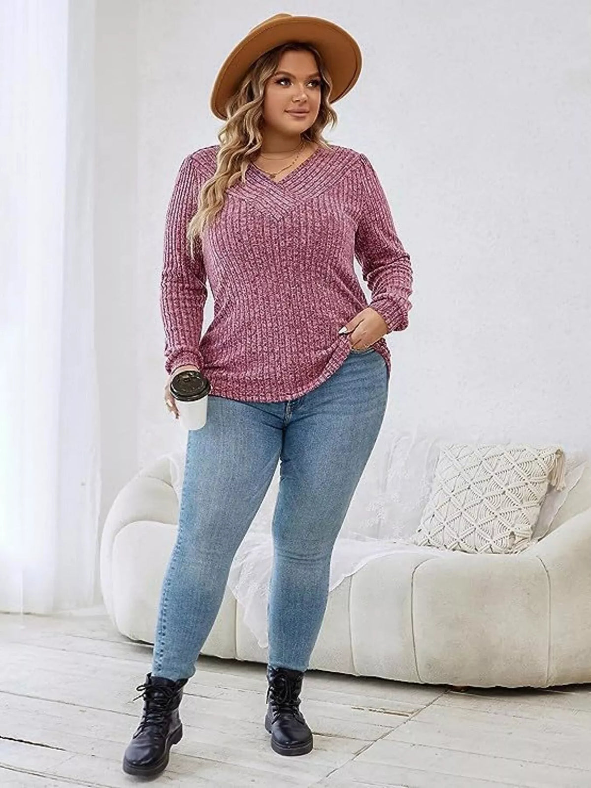 V neck ribbed long sleeve knit top flat lay view