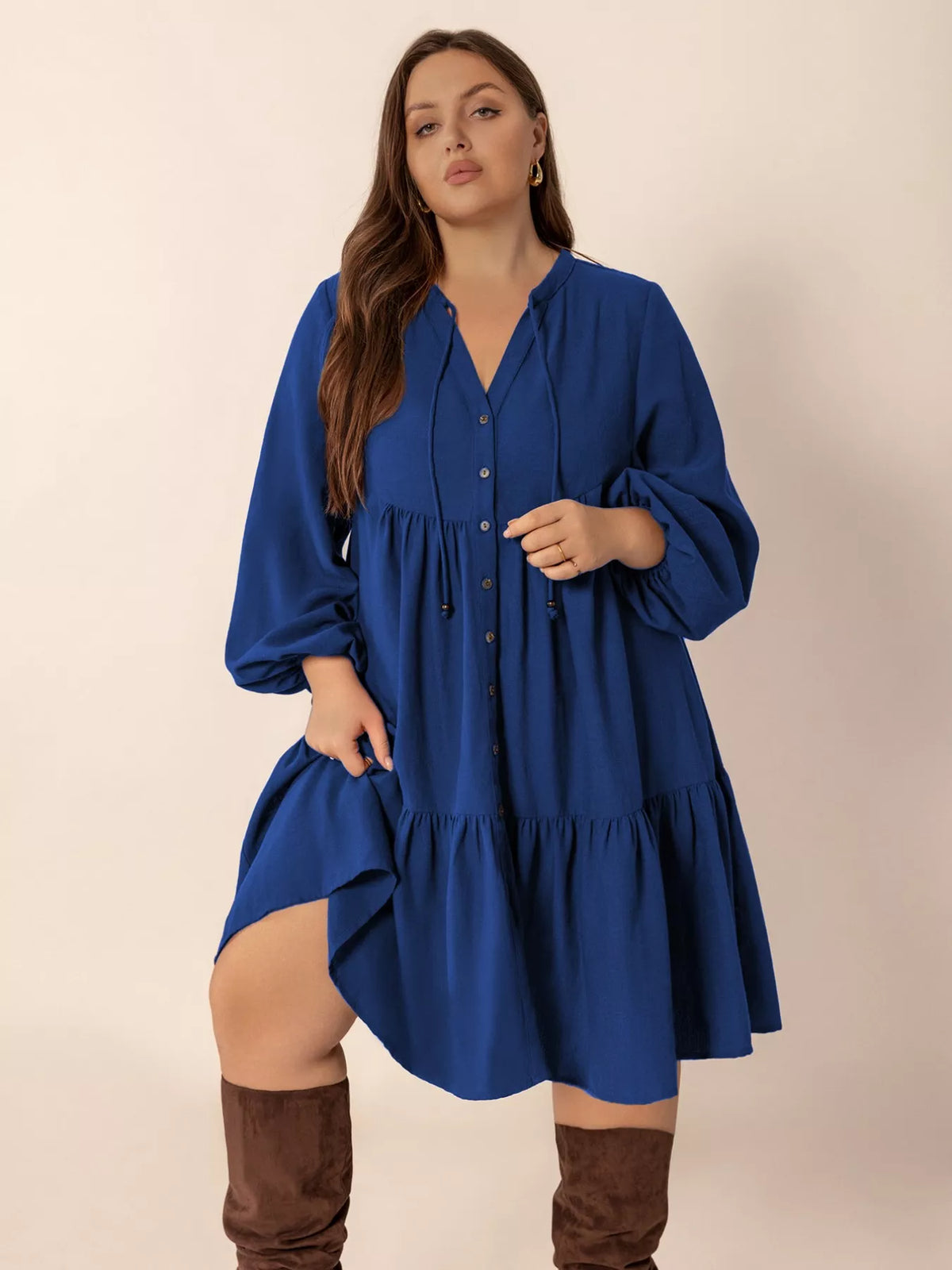 Blue tie neck dress back view