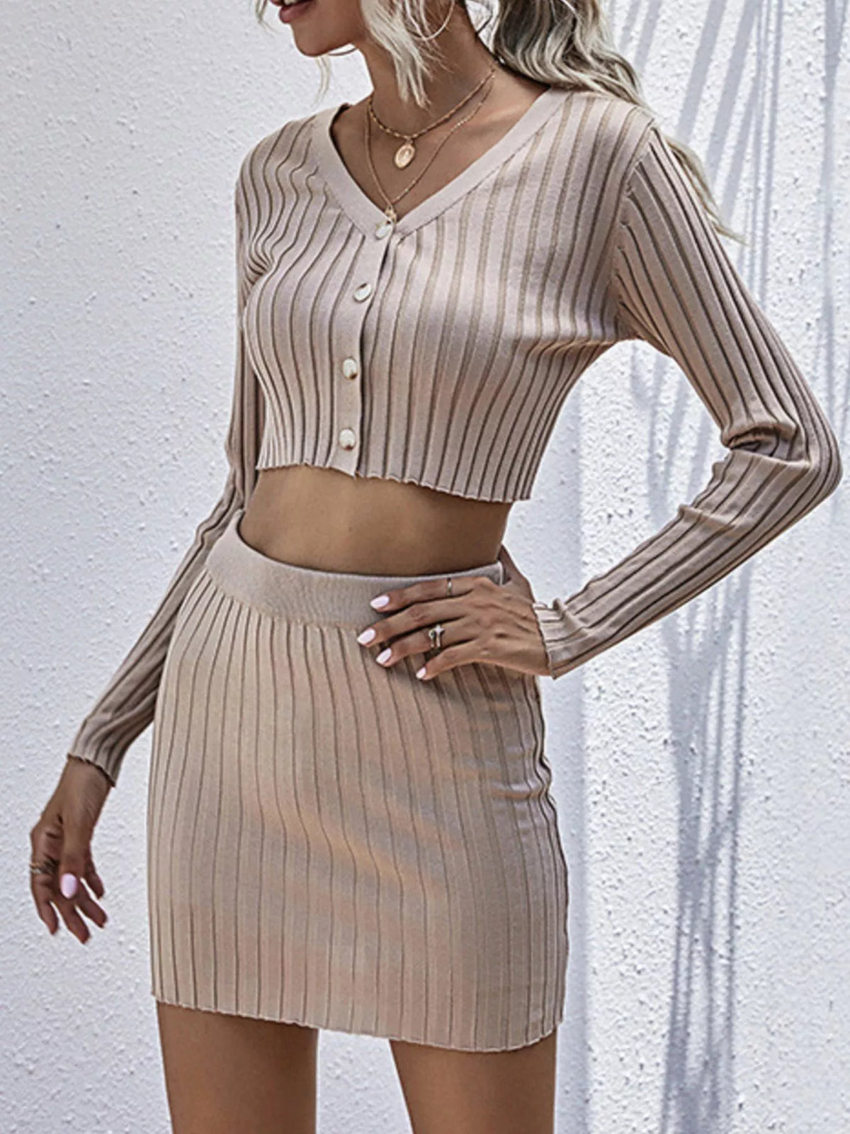 Apricot ribbed mini skirt set back view