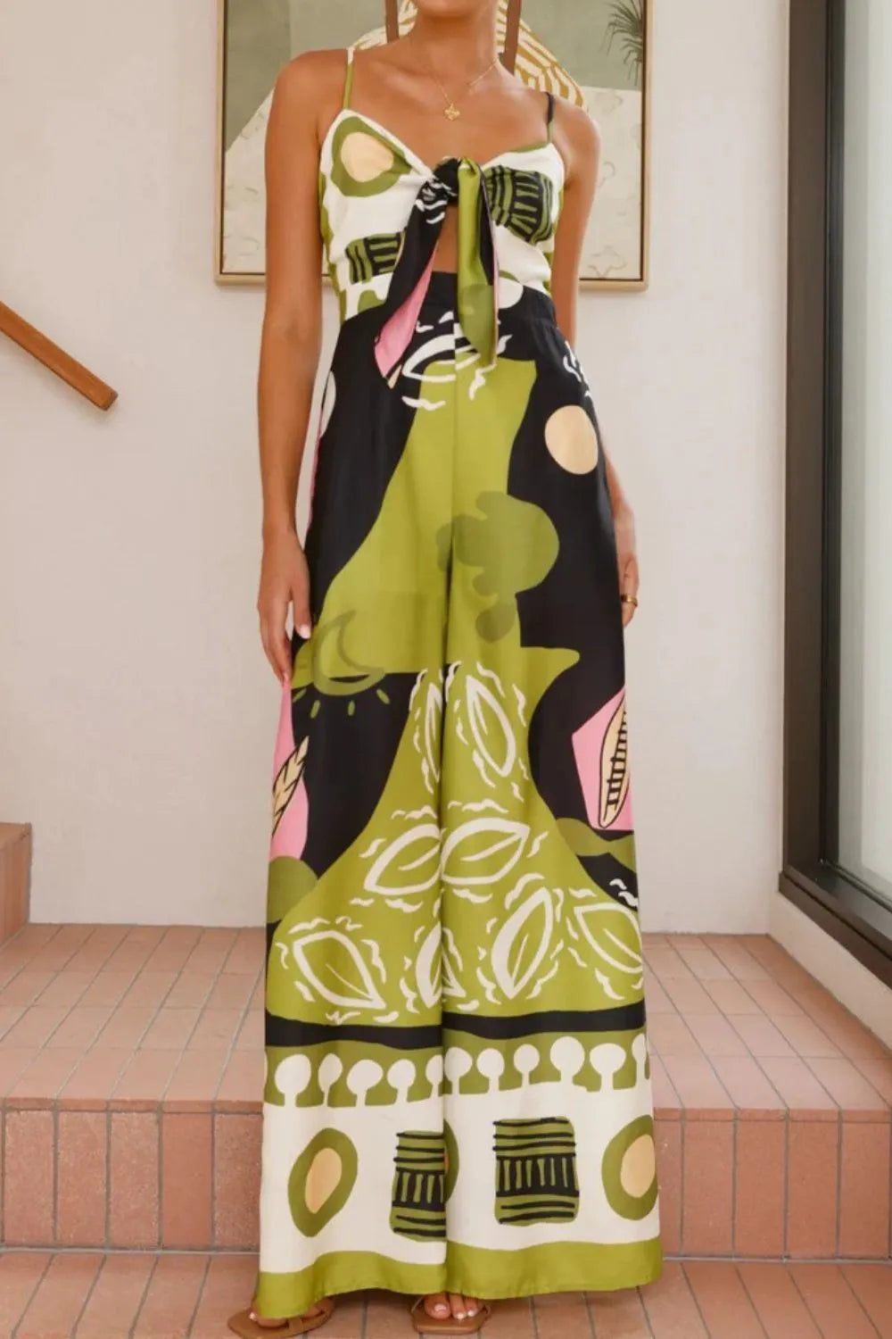 Printed Sweetheart Neck Jumpsuit - Fashorio