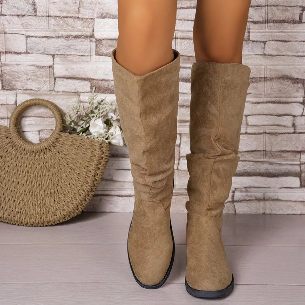 Round Toe Block Heel Boots close up of the upper