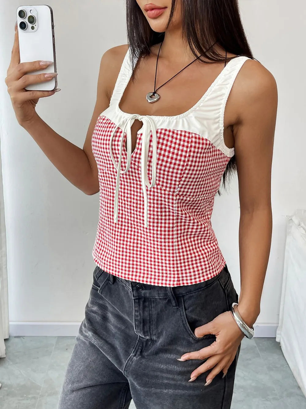 Plaid square neck tank top side styling view