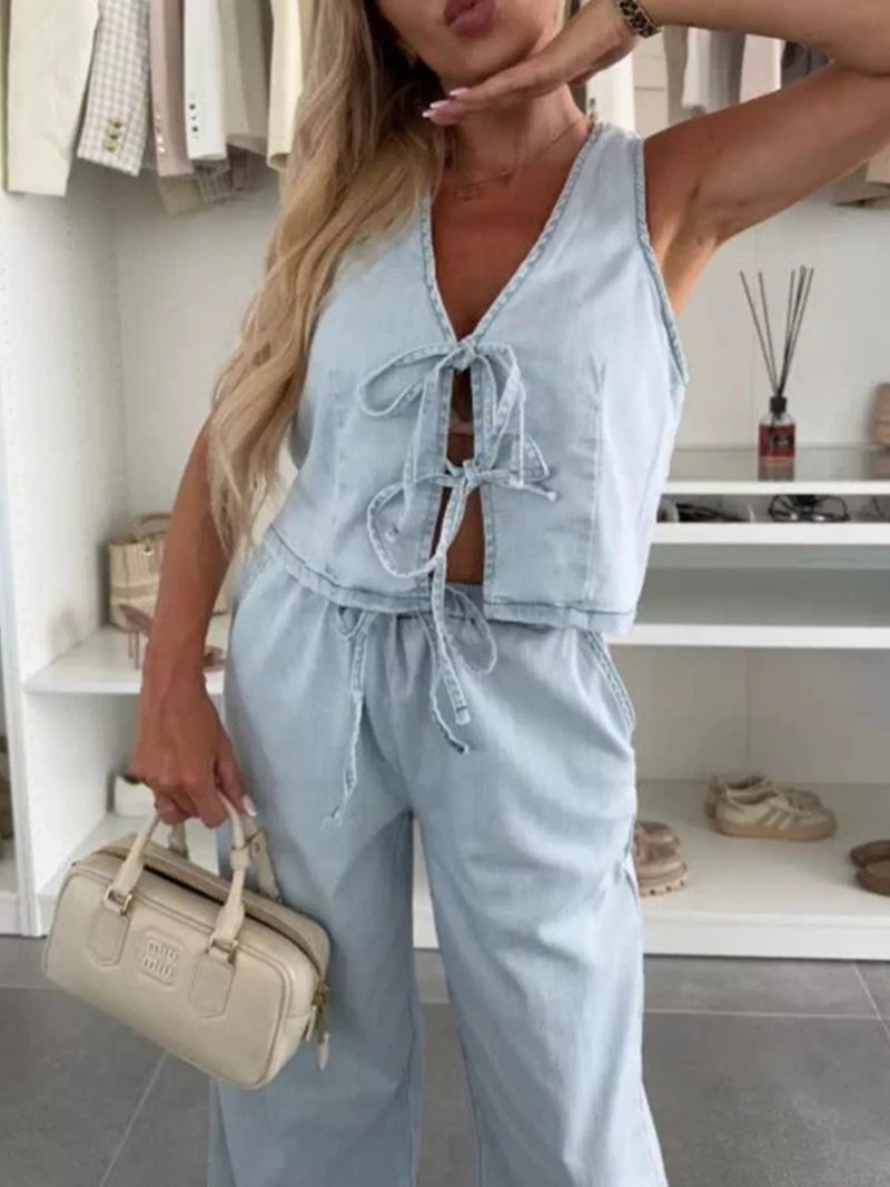 Light blue tie front denim vest and jeans set
