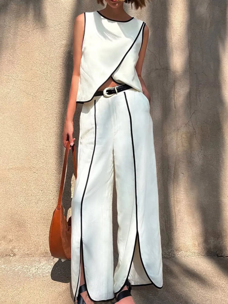 Contrast trim sleeveless top and wide leg pants set front