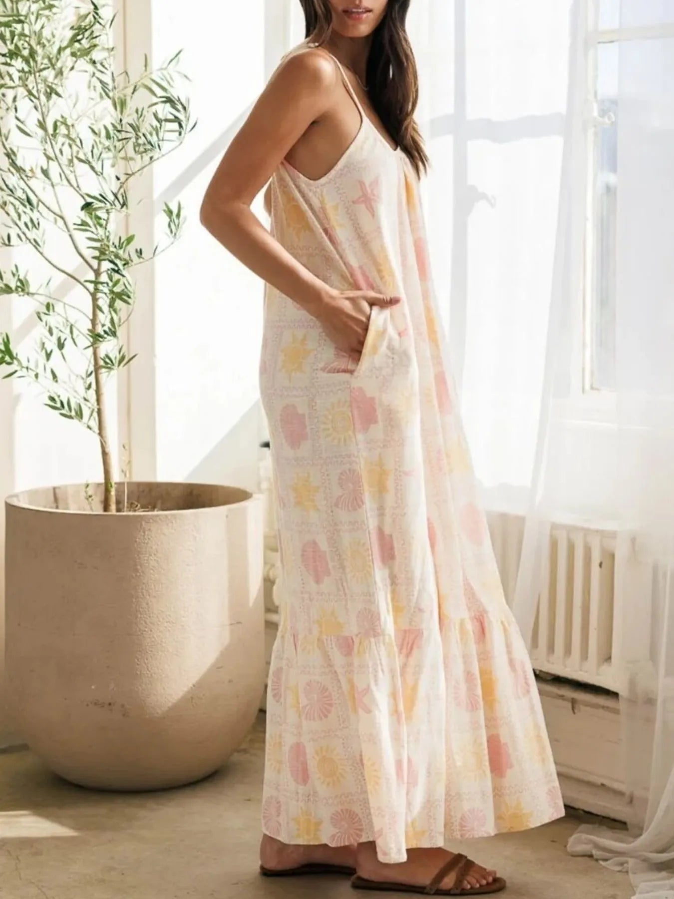 Printed Maxi Lounge Dress with Ruffled Hem - Fashorio