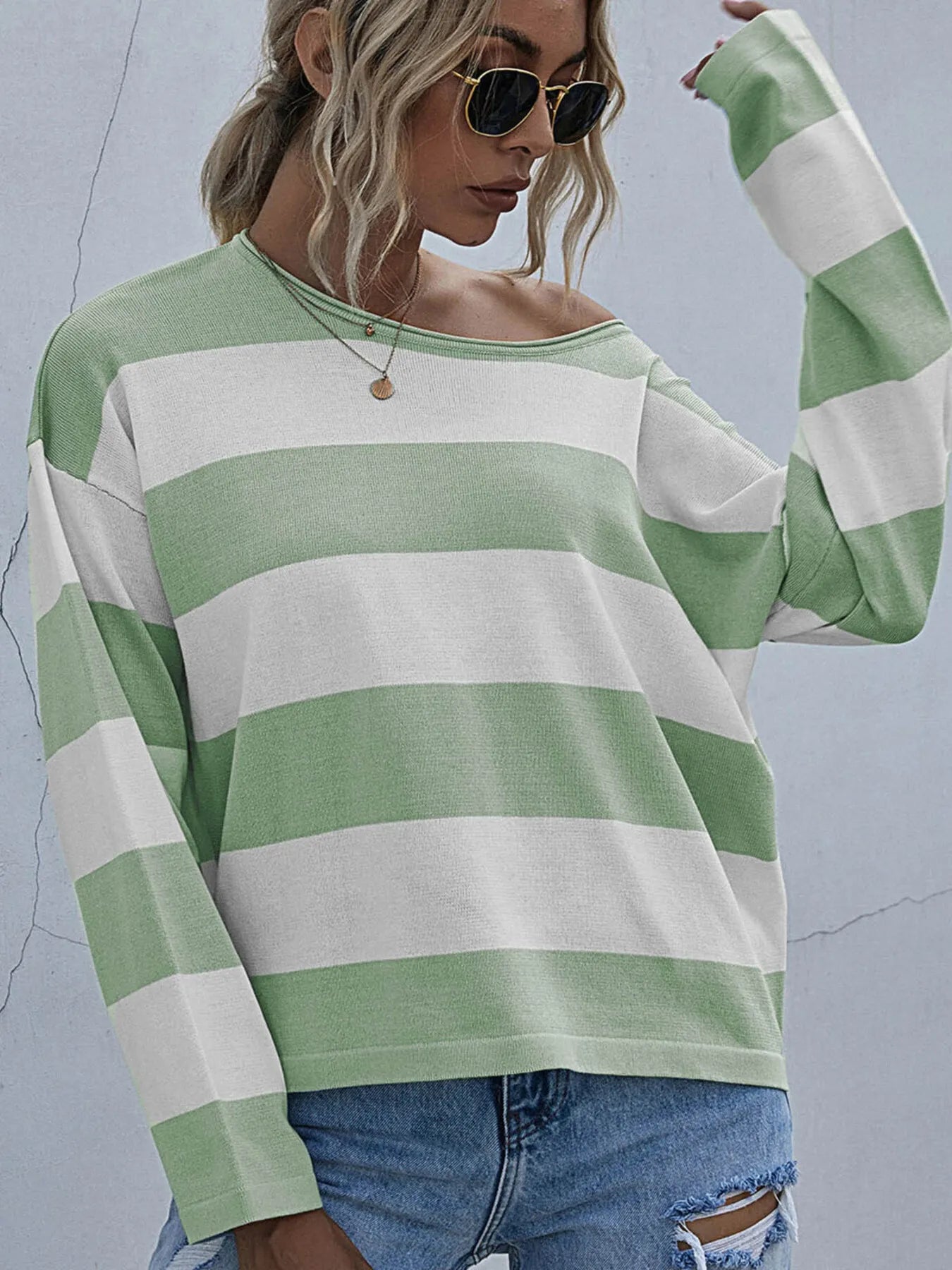 Striped Casual Long Sleeve Knit Top Green - Fashorio