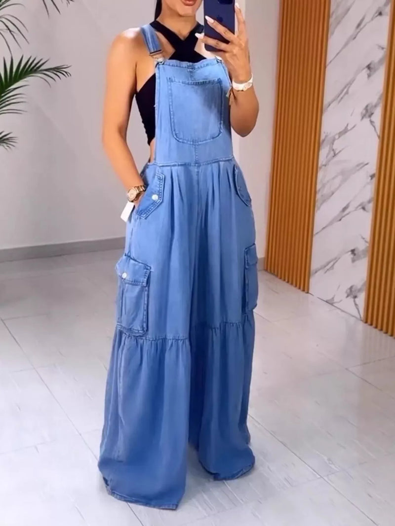 Pocketed wide leg denim overalls plus size front view